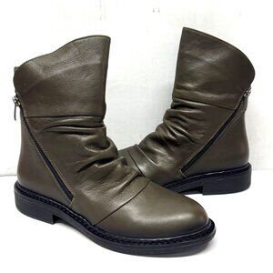 MIZ MOOZ SOFT RUCHED LEATHER BOOTIE SIDE ZIP OLIVE GREEN 37EU / 7US # Z-171